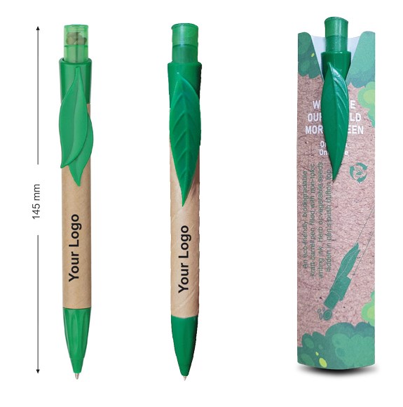 Nachhaltiger Plant-a-Tree Stift mit Samenkapsel und Einzelblatt-Clip